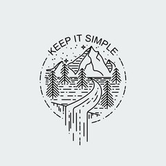 Keep it Simple. Night mountains with waterfall. Nature exploration vector vintage poster. Modern flat linear vector illustration