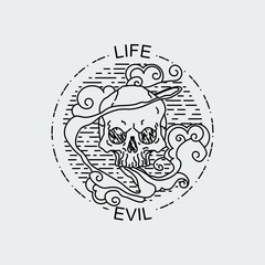 Vector illustration of black and white tattoo graphic human skull