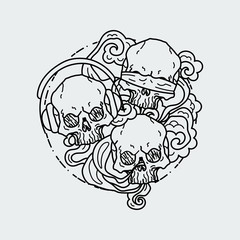 Composition of three skulls. Vector illustration of black and white tattoo graphic human skull