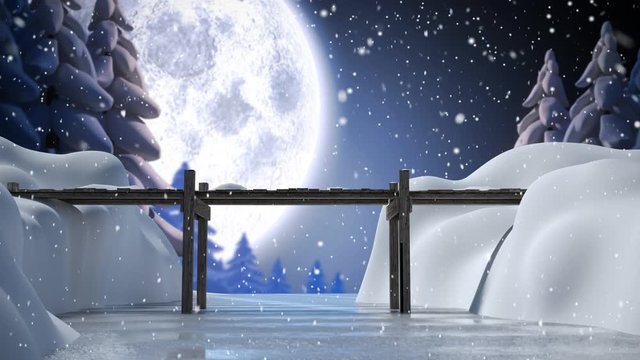Winter scenery with full moon and falling snow