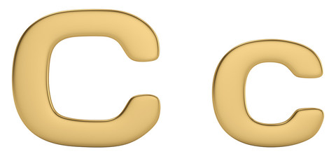 Letter c from gold solid alphabet isolated on white background. 3D illustration.