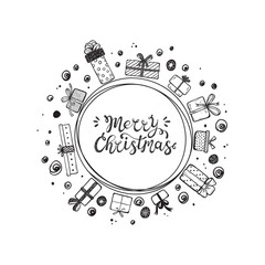 Merry Christmas. Holiday Vector Round Frame of Hand Drawn Doodle Gift boxes with hand lettering calligraphic. Xmas greeting Card Template. Happy Winter Holidays poster. Christmas wreath. New Year