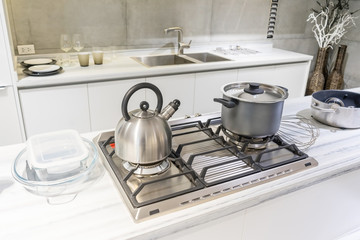 Close-up of stainless steel cooking pot and kettle boiling on gas stove in contemporary modern home kitchen. Selective focus on pot.