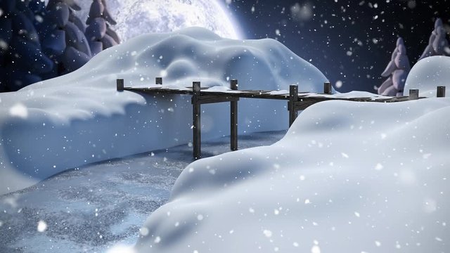 Winter scenery with full moon and falling snow