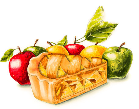 Apple Pie With Fresh Bright Apples Isolated On White Hand Drawn Illustration