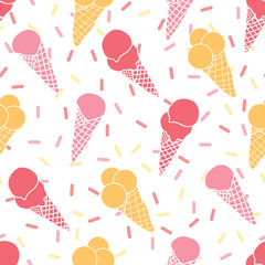 Fun ice cream and sprinkles seamless pattern. Great for yummy summer dessert wallpaper, backgrounds, packaging, fabric, scrapbooking, and giftwrap projects. Surface pattern design.