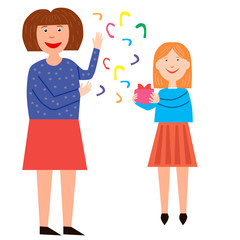 Mom gives her daughter a gift. Holiday gift, clapperboard background. Vector illustration.