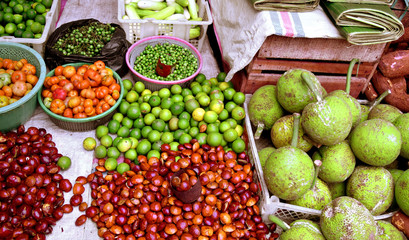 Breadfruit, Jengkol, Tomato, Leunca, lemon on The Indonesian traditional market.
