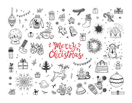 Merry Christmas. Holiday Vector Big Set of Hand Drawn Doodle Christmas characters and decorations with hand lettering calligraphic. Xmas greeting Card Template. Happy Winter Holidays poster. New year