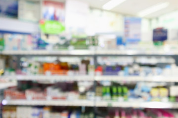 Pharmacy drugstore blur abstract background with medicine and vitamin product on shelves