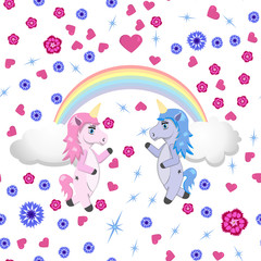 Two unicorns under the rainbow on a white background with flowers and hearts