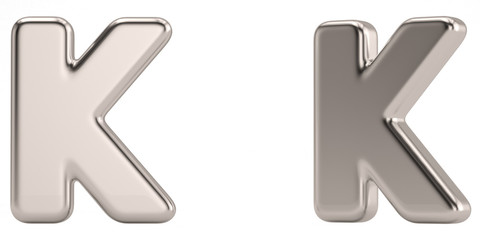 Letter k from steel solid alphabet isolated on white background. 3D illustration.