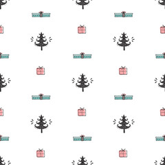 Merry Christmas Background. Holiday Vector Seamless Pattern. Hand Drawn Doodle Christmas Tree and Xmas Gift Boxes. Winter Holidays. New year Wallpaper