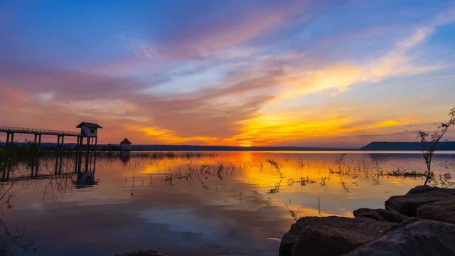 Day to night time lapse of sunset at Lum Chae dam, Khonburi, Nakhon Ratchasima, Thailand