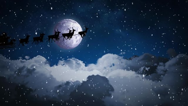 Video composition with falling snow  over santa  sleigh over clouds at night
