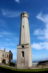 Fototapeta na wymiar lighthouse tower used by the Coast Guard on Alcatraz island in San Francisco, California