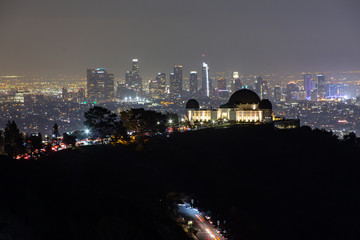 Fototapeta na wymiar Los Angeles Panoramic Skyline at Night with Griffith Observatory in the foreground