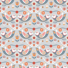 Pattern Nordic Style With Flowers and Birds. Grey Background. 