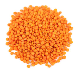 pile red lentils isolated on white background