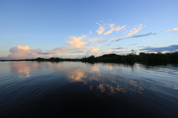 Mangrove trees and clouds reflected in the serene water of Barnes Sound, Florida, in early morning light.