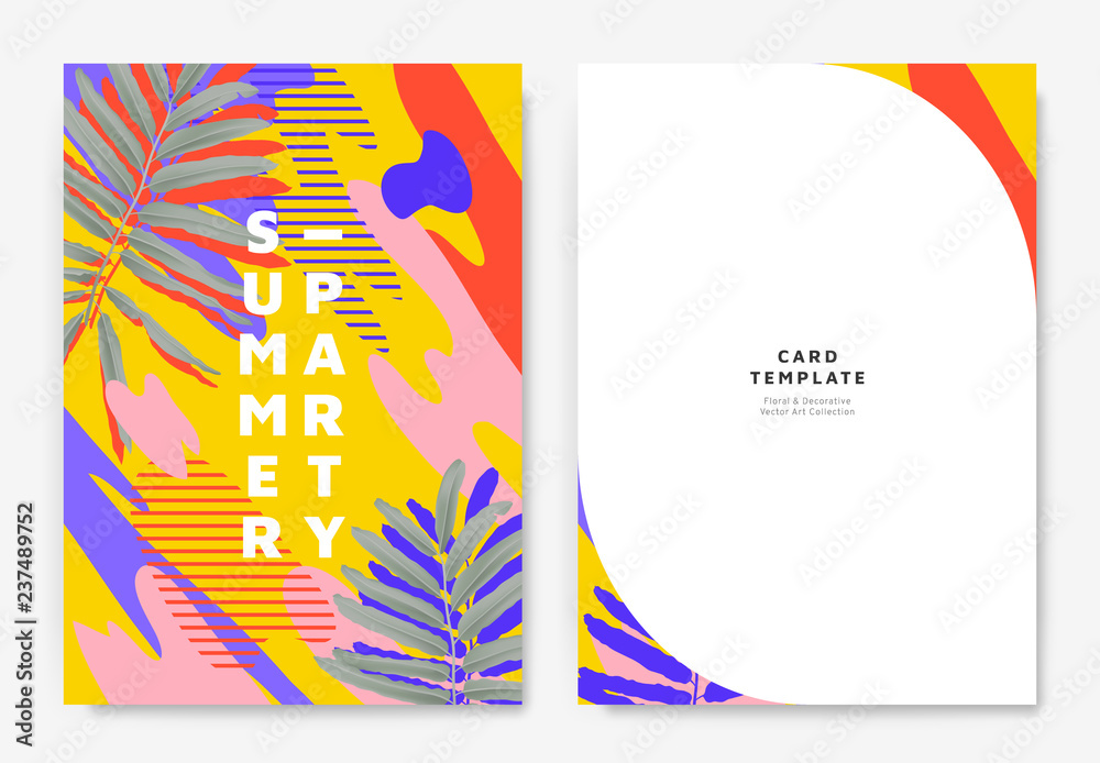 Wall mural Botanical summer party invitation card template design, green leaves with colorful abstract graphic shapes, yellow, pink and blue tones