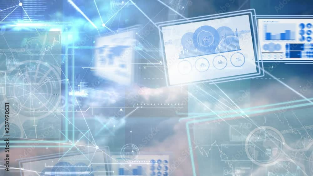 Poster digital animation of computer screens with business graph 4k