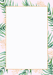 Fototapeta na wymiar Watercolor frame with tropical leaves and flowers, watercolor stains. Golden, round, polygonal pattern for cards, invitations, wedding and summer designs.