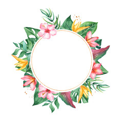 Fototapeta na wymiar Watercolor frame with tropical leaves and flowers, watercolor stains. Golden, round, polygonal pattern for cards, invitations, wedding and summer designs.