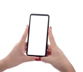 Female hand holding black cellphone with white screen at isolated background.