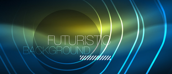 Neon glowing lines, magic energy space blue light concept, abstract background wallpaper design