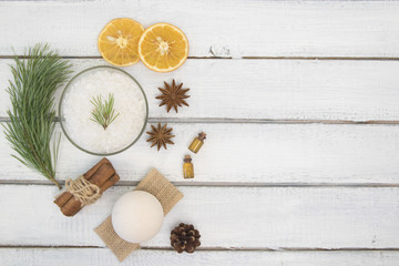 sea salt for bath, bath bomb and body oil with cinnamon, orange and spices