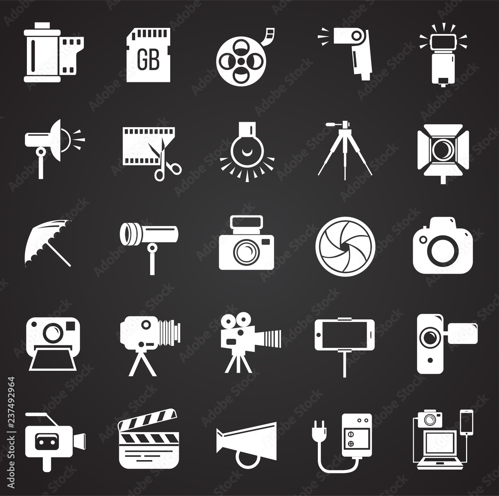 Fototapete photography and videography icon set on black background for graphic and web design, modern simple v