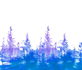 Watercolor art illustration. Drawing of the blue, Violet forest, pine tree, spruce, cedar. Dark, dense forest, suburban landscape. A beautiful burst of paint blue, purple. Postcard, logo, card.