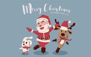 Merry Christmas and Happy New Year. Christmas Cute Animals Character. Funny happy Santa Claus bunnies and reindeer skating.