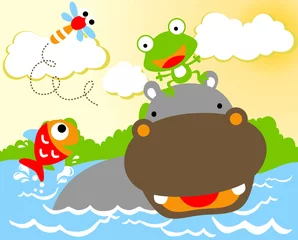 Fotobehang Hippo cartoon with little friends © Bhonard21