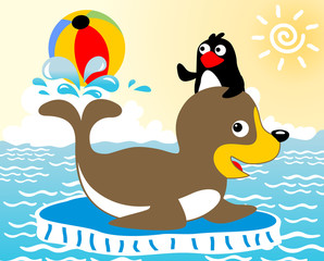 Fototapeta na wymiar Seal and penguin cartoon playing ball in the sea