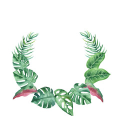 Watercolor wreath with tropical leaves and flowers, watercolor stains. Composition with watercolor stains, golden plants for cards, invitations, wedding and summer designs.