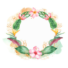 Watercolor wreath with tropical leaves and flowers, watercolor stains. Composition with watercolor stains, golden plants for cards, invitations, wedding and summer designs.