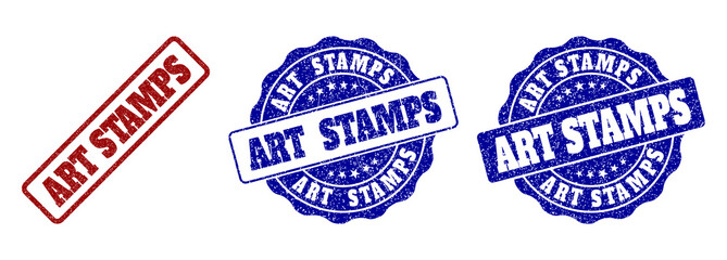 Fototapeta premium ART STAMPS grunge stamp seals in red and blue colors. Vector ART STAMPS marks with grunge effect. Graphic elements are rounded rectangles, rosettes, circles and text tags.