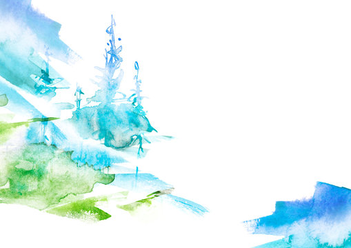 Watercolor art illustration. Drawing of the blue, green forest, pine tree, spruce. Dark, dense forest, suburban landscape. Postcard, logo, card. Misty forest, haze.Abstract Watercolor splash, logo