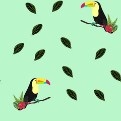 Tropical seamless pattern with toucan, flowers and leaves. Beautiful background with tropical leaves and flowers. Birds of the jungle. For covers, paper, wallpaper and fabric.