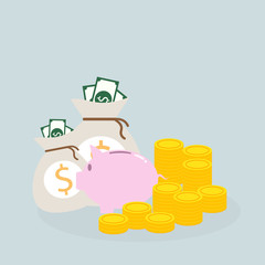 Flat design concepts of piggy money bag and gold coin, investing saving concept,