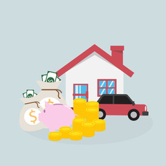 home car model with gold coin of pile with in concept savings to buy a new car or new house