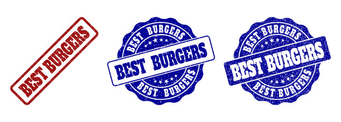 BEST BURGERS grunge stamp seals in red and blue colors. Vector BEST BURGERS imprints with grunge effect. Graphic elements are rounded rectangles, rosettes, circles and text titles.