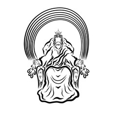 King Jesus sitting on a throne under a rainbow, healing and salvation through His wounds