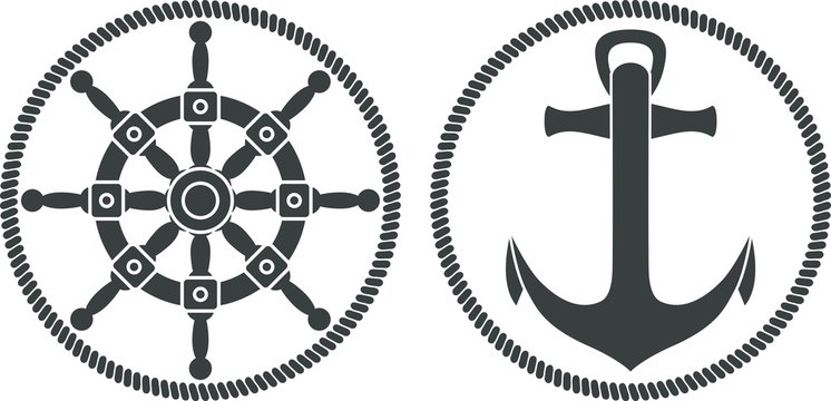 Sea emblem. Anchor, steering wheel, rope in gray