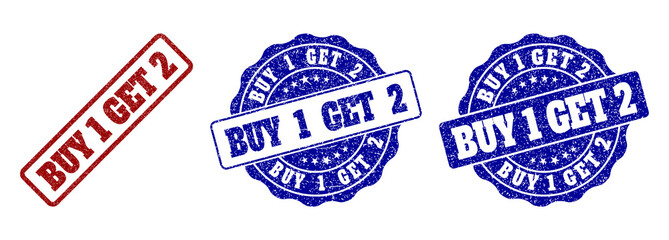 BUY 1 GET 2 scratched stamp seals in red and blue colors. Vector BUY 1 GET 2 labels with grunge surface. Graphic elements are rounded rectangles, rosettes, circles and text labels.