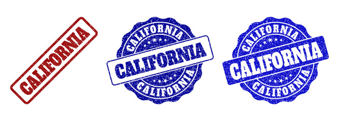 CALIFORNIA grunge stamp seals in red and blue colors. Vector CALIFORNIA overlays with grunge effect. Graphic elements are rounded rectangles, rosettes, circles and text titles.