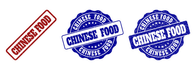 CHINESE FOOD grunge stamp seals in red and blue colors. Vector CHINESE FOOD signs with draft texture. Graphic elements are rounded rectangles, rosettes, circles and text titles.