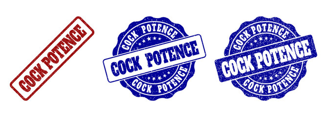 Obraz premium COCK POTENCE grunge stamp seals in red and blue colors. Vector COCK POTENCE overlays with dirty texture. Graphic elements are rounded rectangles, rosettes, circles and text tags.